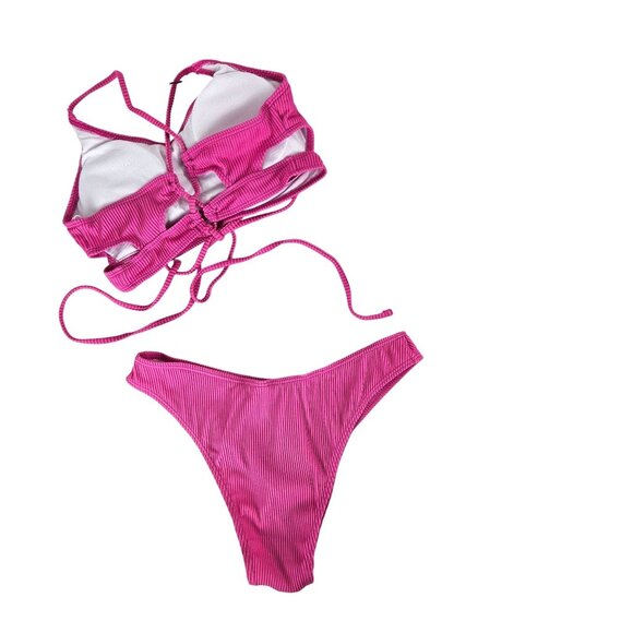Zaful Womens Rose Pink Ribbed Two-Piece Bikini Set Criss-Cross Straps Size S - Picture 6 of 11